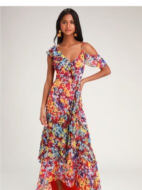 Lulu’s Floral Asymmetrical Maxi Dress in Red